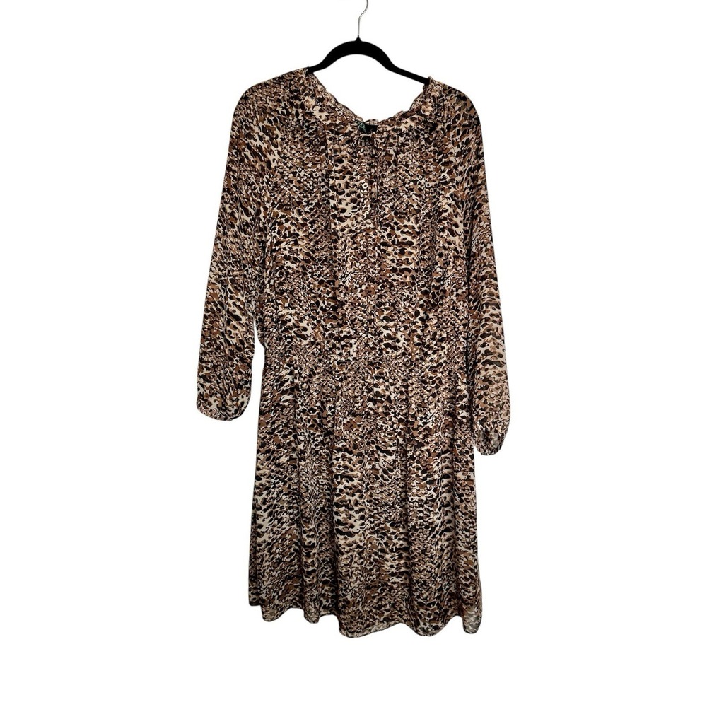 Lauren Ralph Lauren Animal Print Chiffon A-Line Dress 16W Brown Knee Long Sleeve